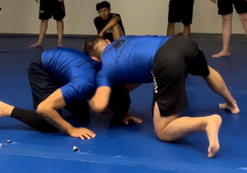 Two coaches wearing blue shirts and black shorts instructing Brazilian Jiu-Jitsu, with several people standing around watching.