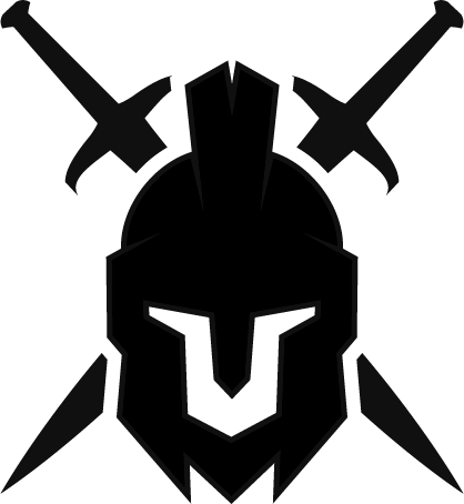 A stylized black and gray graphic of a knight's helmet with two swords crossed behind it.