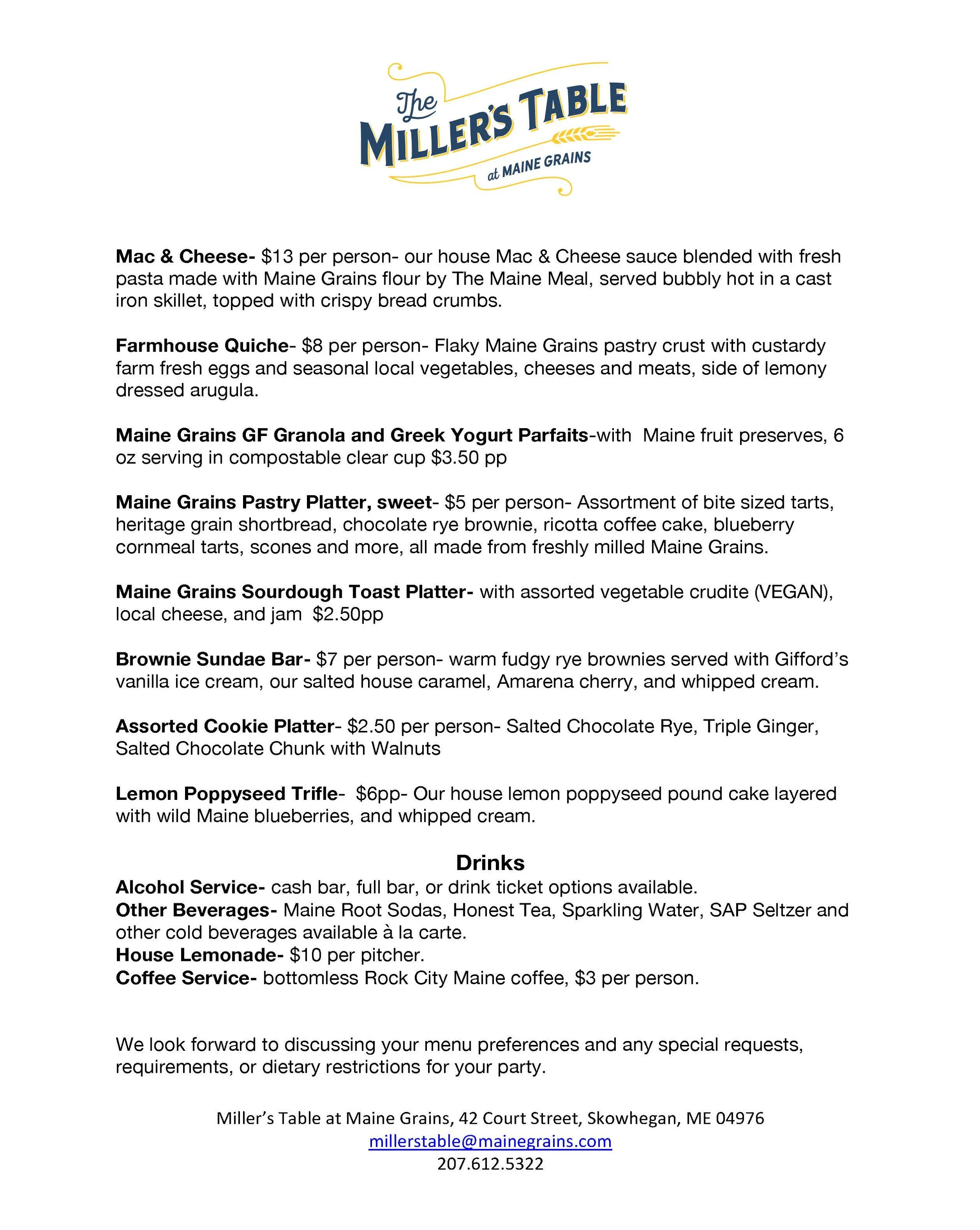 Special Event Pricing — The Miller's Table