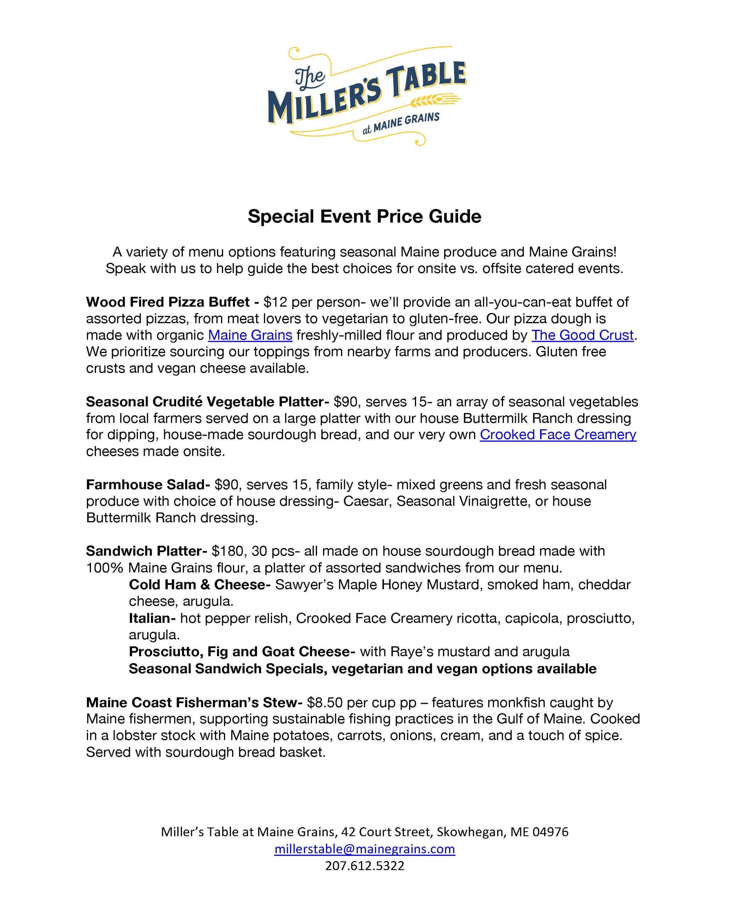 Special Event Pricing — The Miller's Table