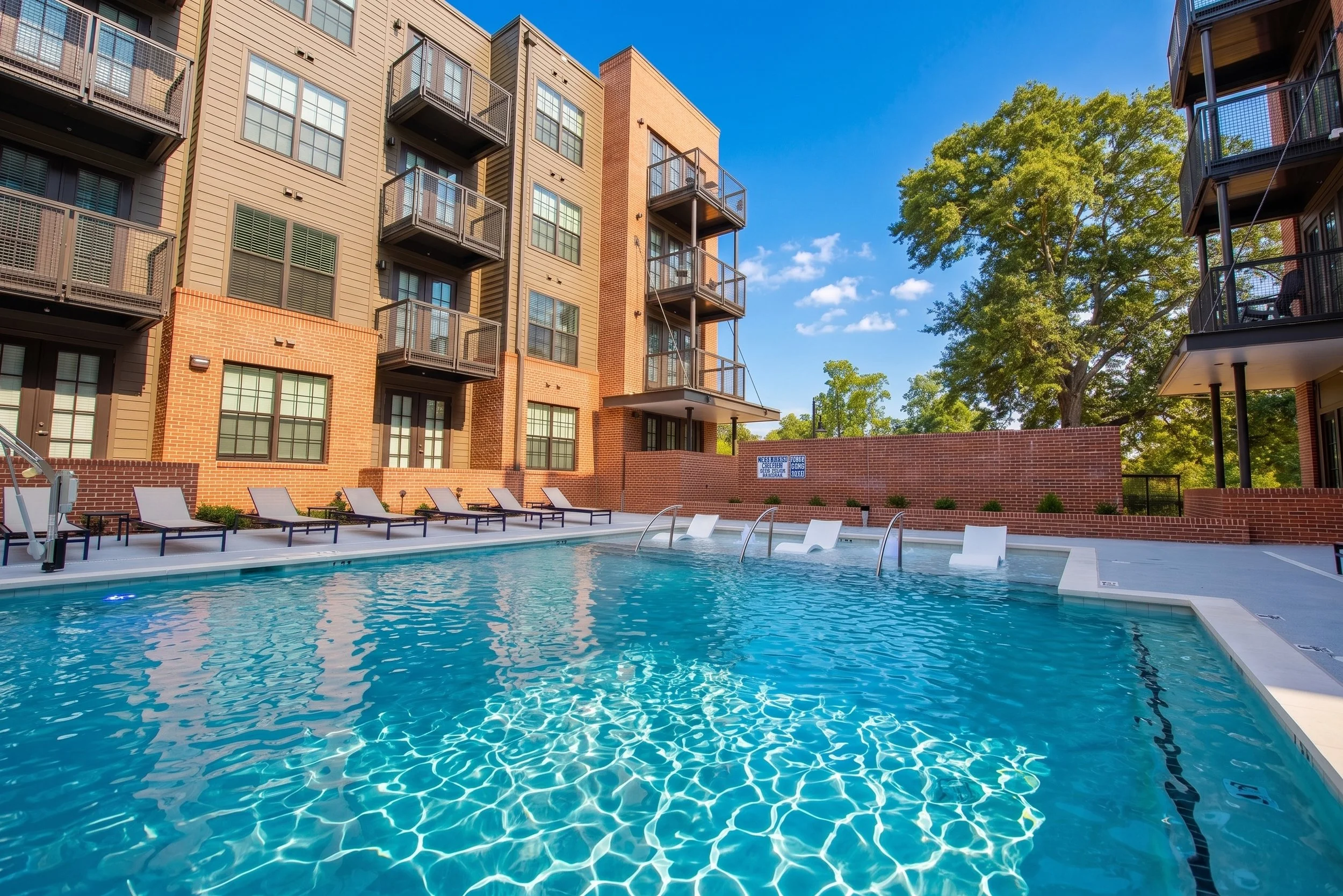 An outdoor swimming pool at The Easley apartment with lounge chairs, enclosed by a brick wall, with a modern apartment building and green trees in the background under a blue sky.