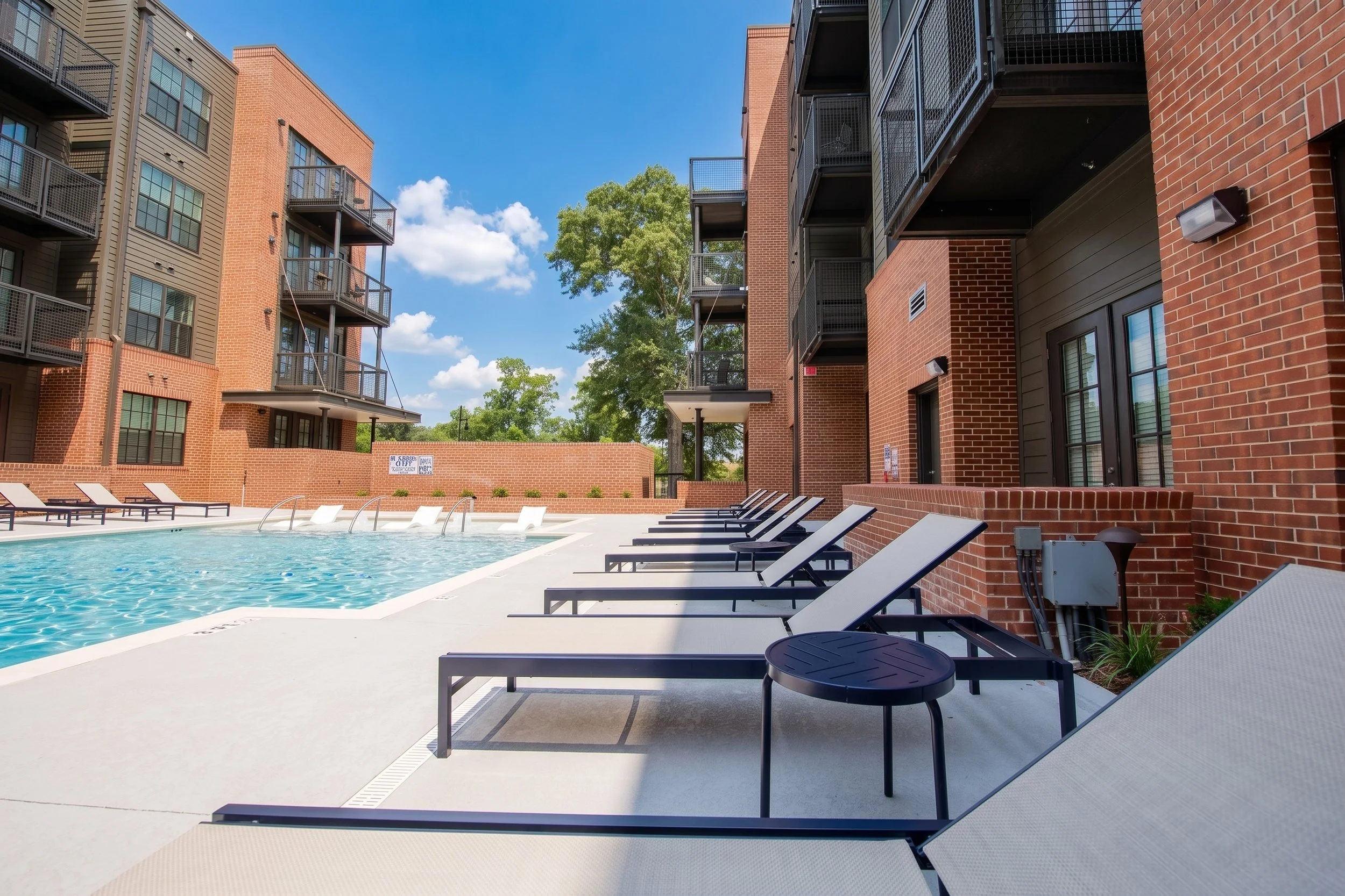 Pool area with lounge chairs, surrounding brick apartment buildings, and a large green tree under a blue sky with clouds.