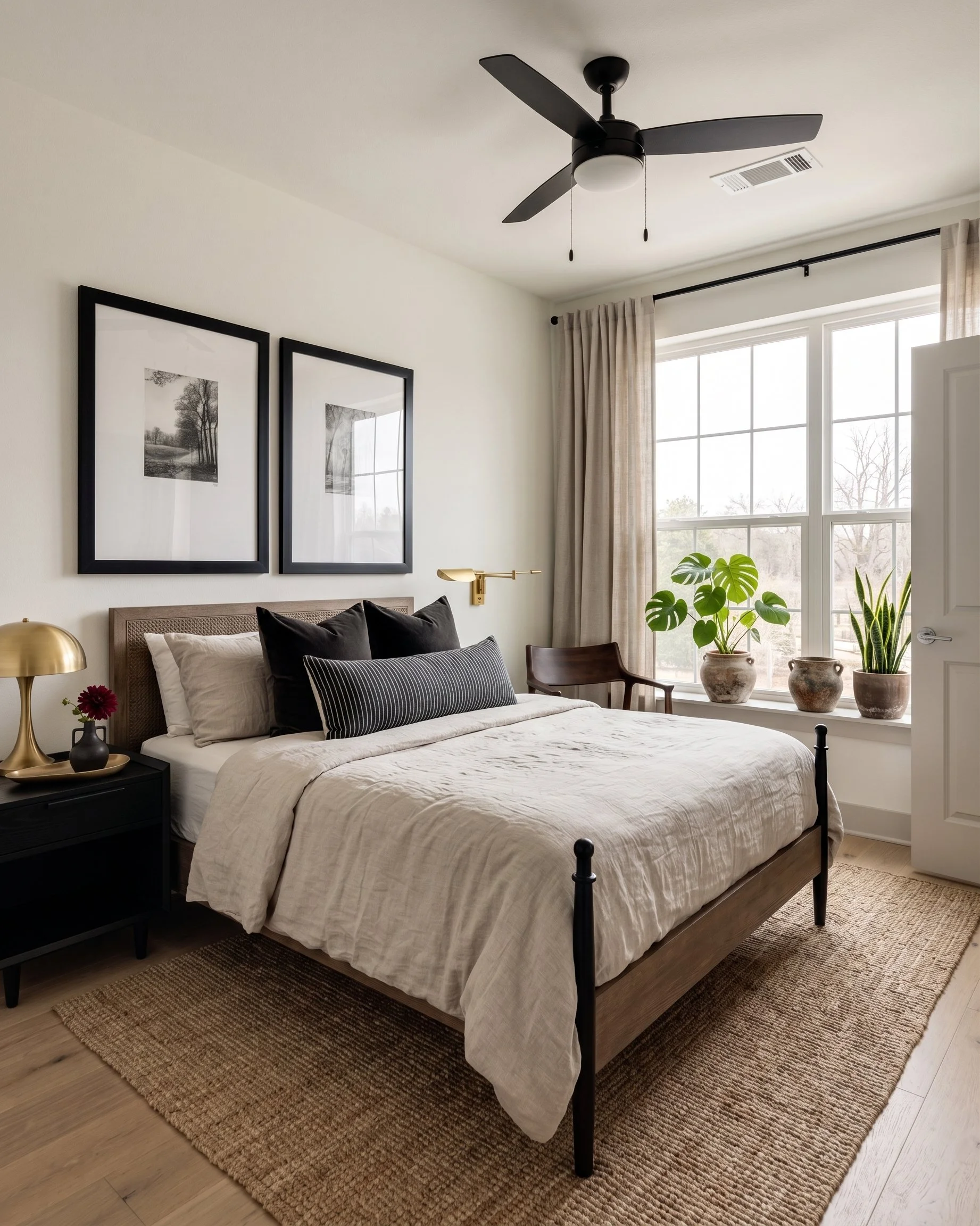A bedroom with a bed, two black framed black-and-white landscape photographs on the wall, a black nightstand with a gold lamp and a small vase with red flowers, a brass wall-mounted reading light, a window with beige curtains, several potted plants on the window sill, a black ceiling fan, and a natural fiber rug on a light wood floor.