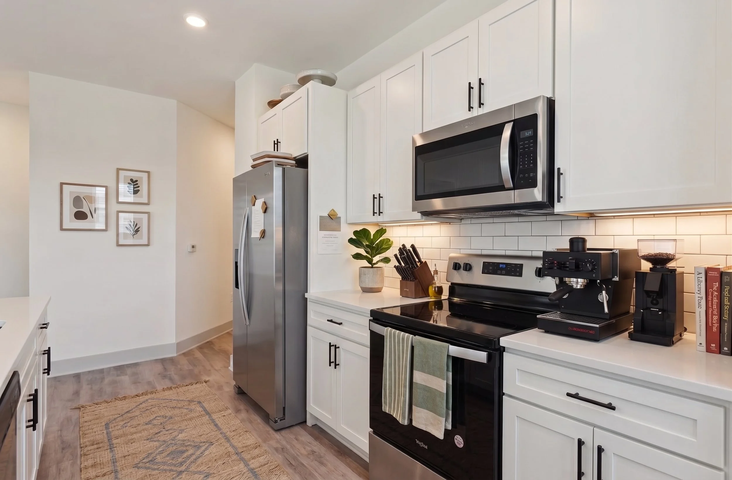 Modern kitchen with white cabinets, stainless steel appliances including microwave, refrigerator, and oven, a small potted plant, knives in a wooden block, books, and artwork on the wall.