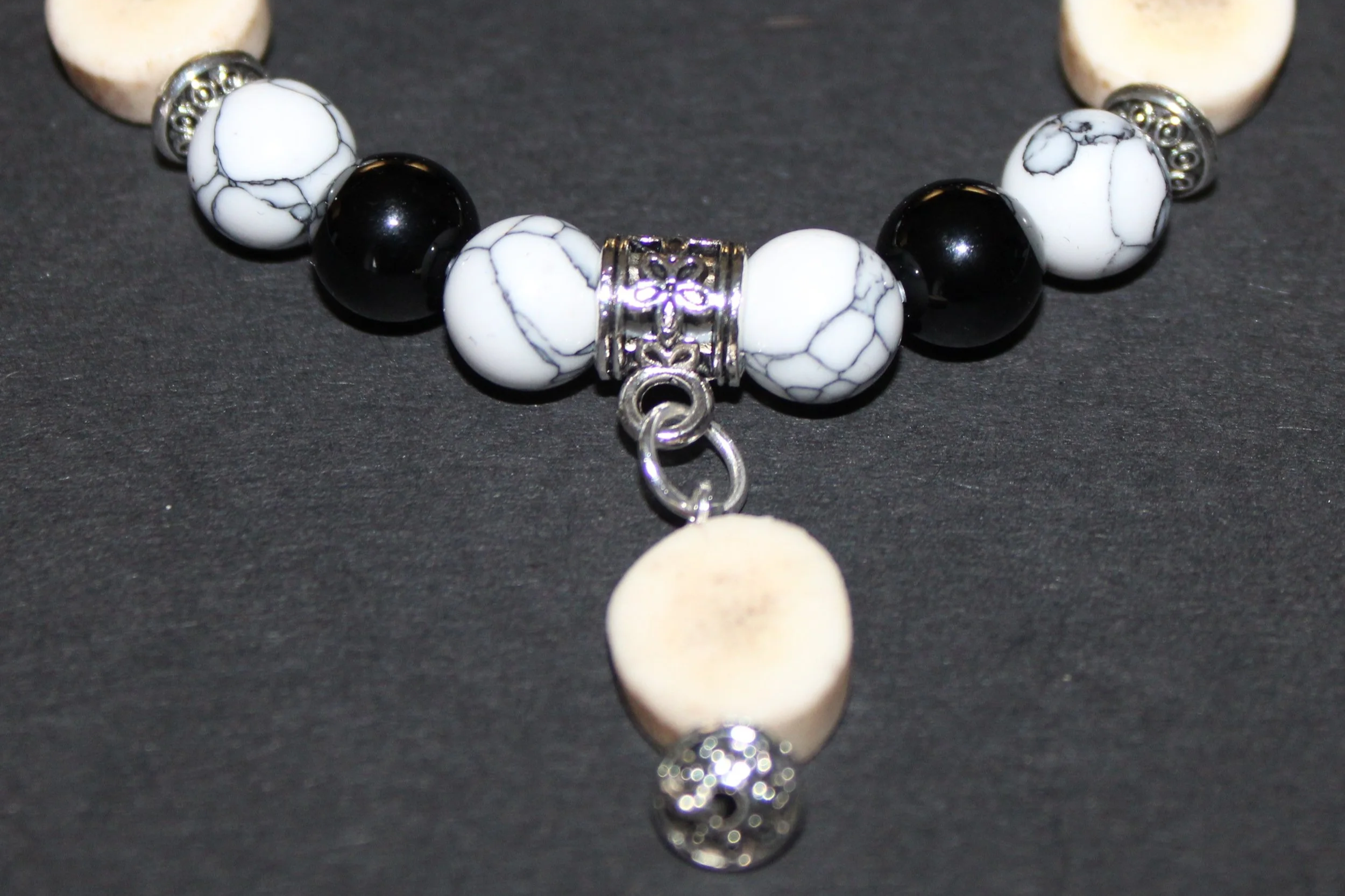 Red Deer Antler Bracelet with Black Obsidian & White Howlite Beads and Stirling Silver (825) cuff (22cm)