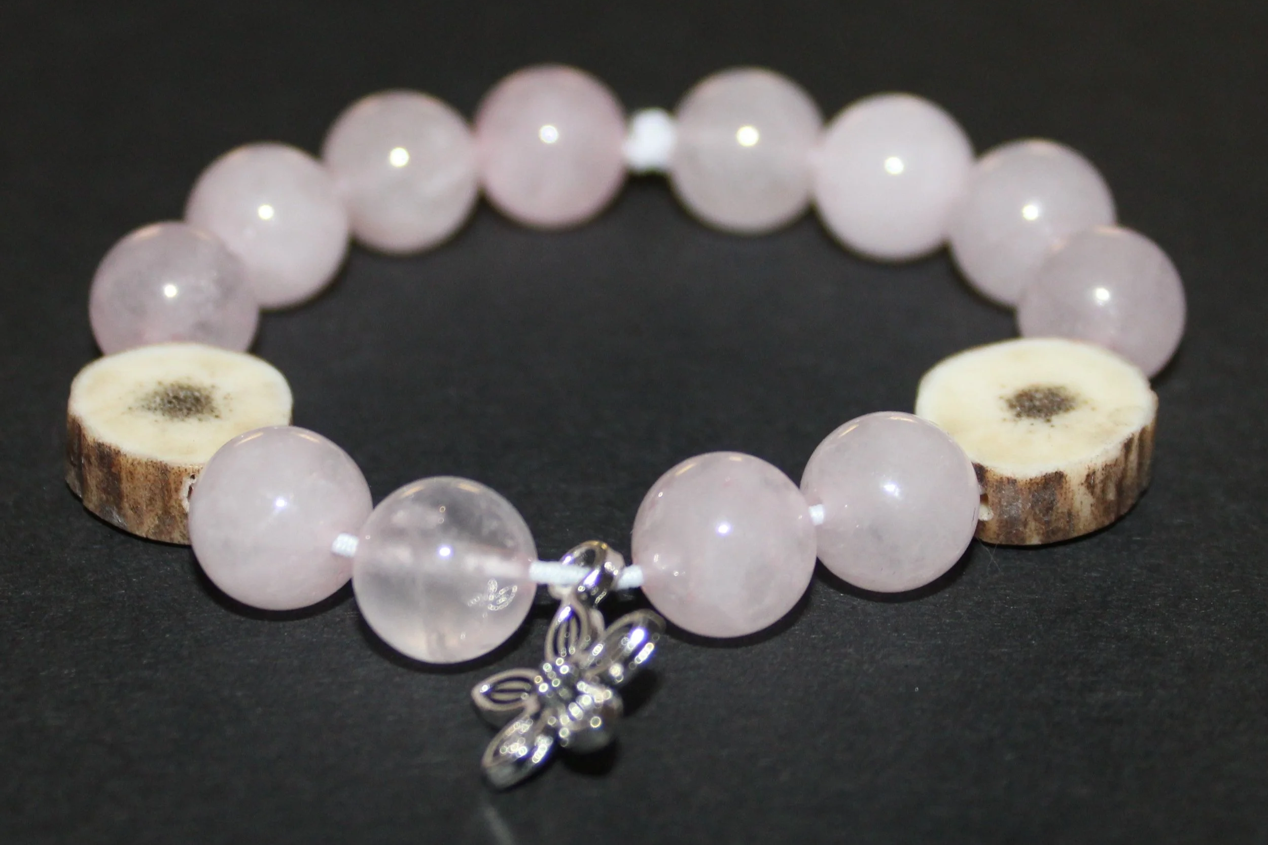 Red Deer Antler Bracelet with Pink Rose Quartz Beads and Stirling Silver (925) Flower Pendant (15cm)