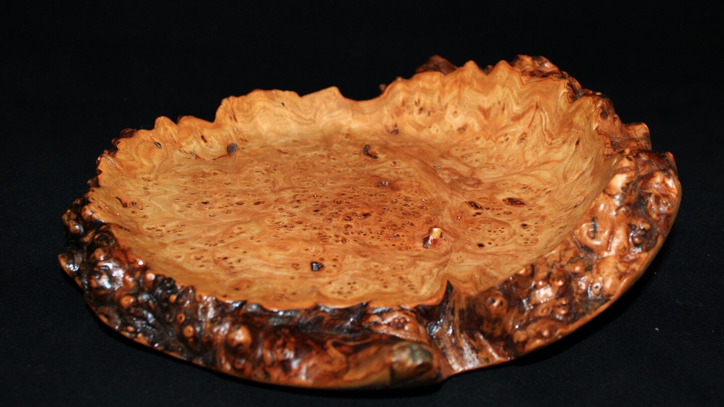 Elm burl, 24cm wide dish. Finished with hard wax oil.