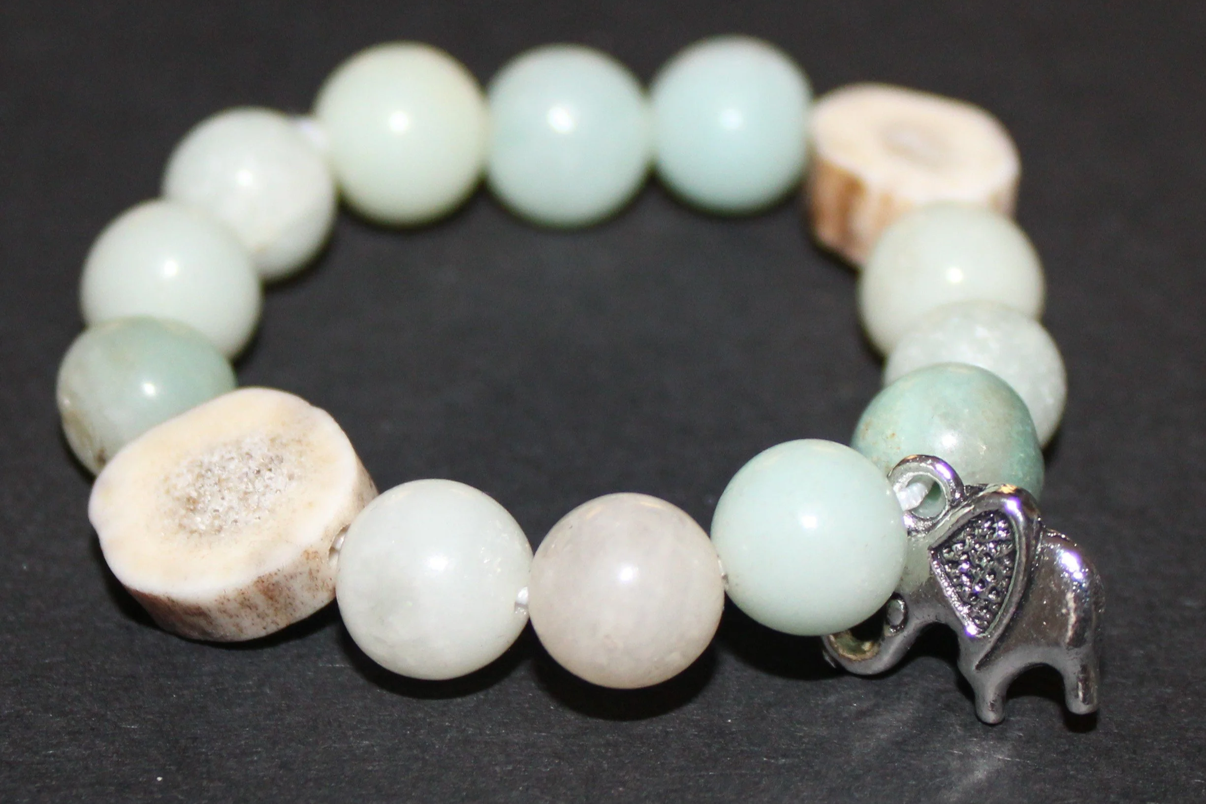 Red Deer Antler Bracelet with Green Amazonite Beads and Stirling Silver (925) Elephant Pendant (15cm)