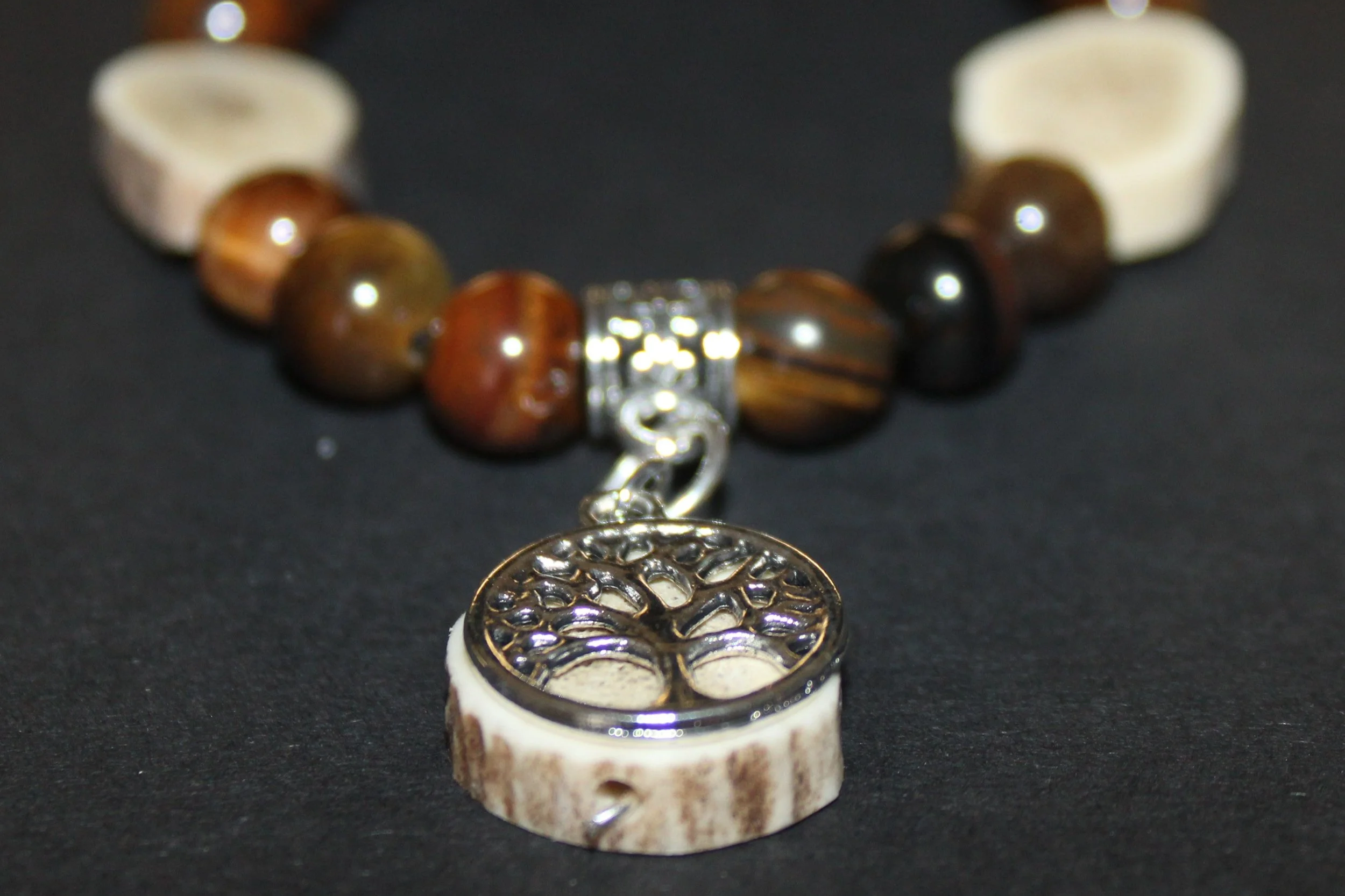 Red Deer Antler Tree of Life Bracelet with Tiger's Eye & Black Lava Beads (22cm)