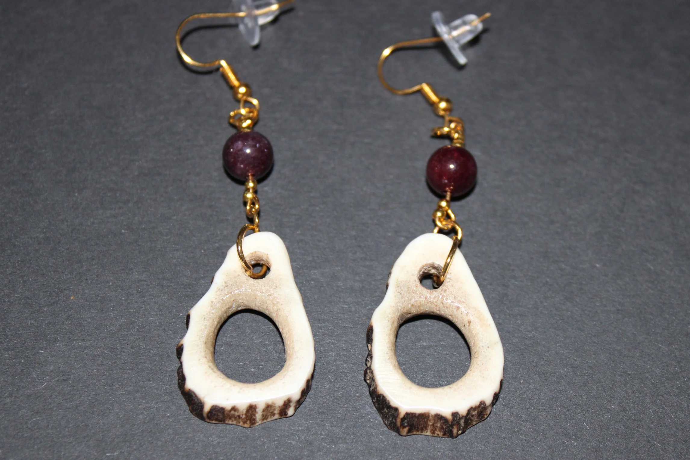Red Deer Antler Earrings - Gold Plated with Red Garnet Stone Beads