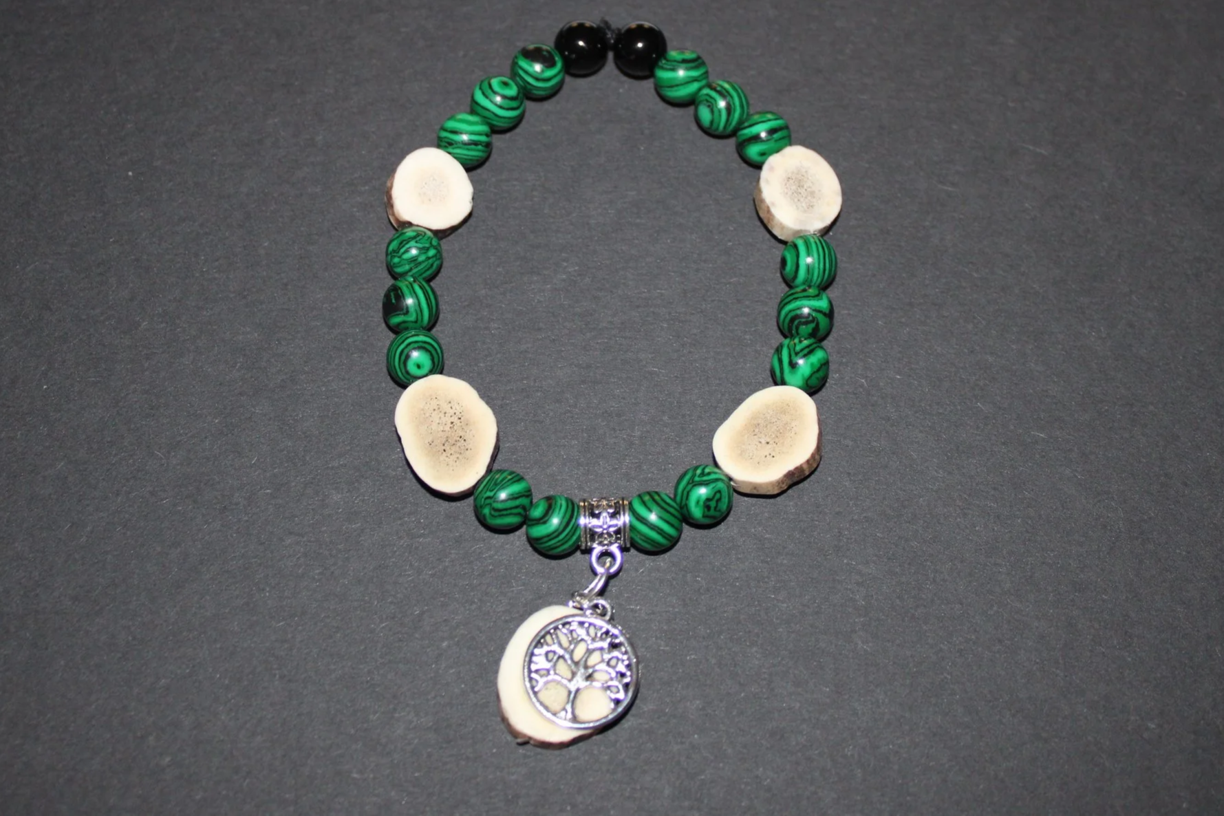 Red Deer Antler Tree of Life Bracelet with Green Aventurine & Black Obsidian Beads (22cm)