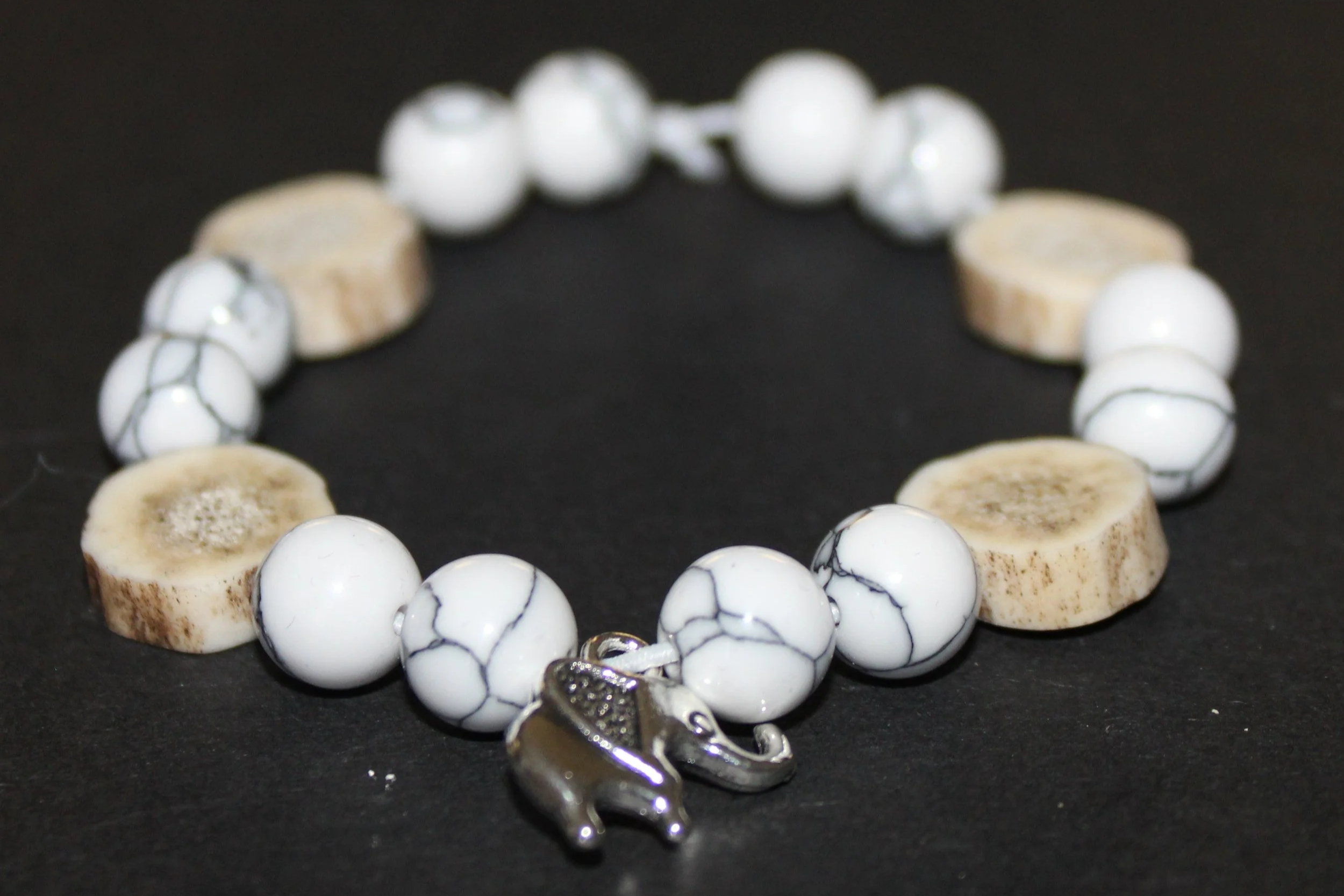 Red Deer Antler Bracelet with White Howlit Beads and Stirling Silver (925) Elephant Pendant (15cm)