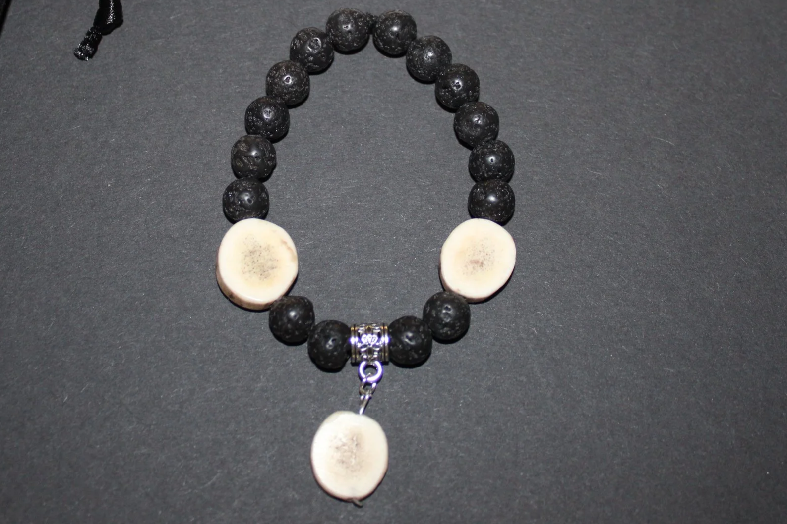Red Deer Antler Bracelet with Black Lava Beads and Stirling Silver cuff (20cm)