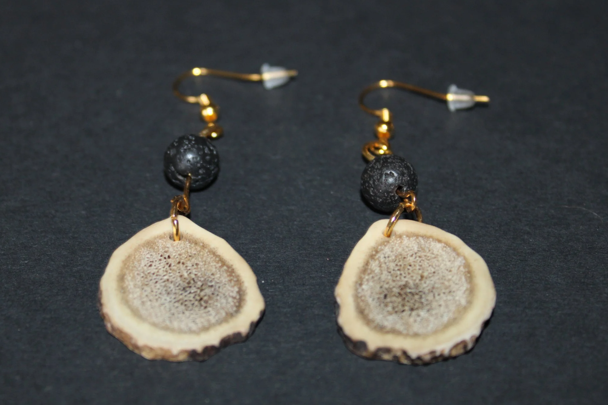 Red Deer Antler Earrings - Gold Plated with Black Lava Beads