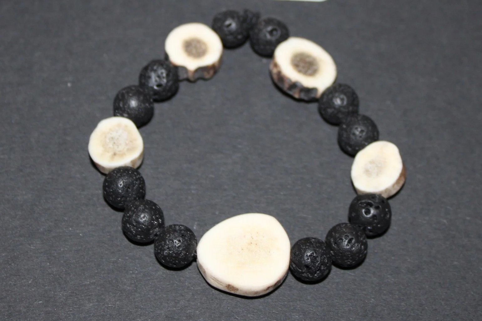 Red Deer Antler Bracelet with Black Lava Beads (20cm)