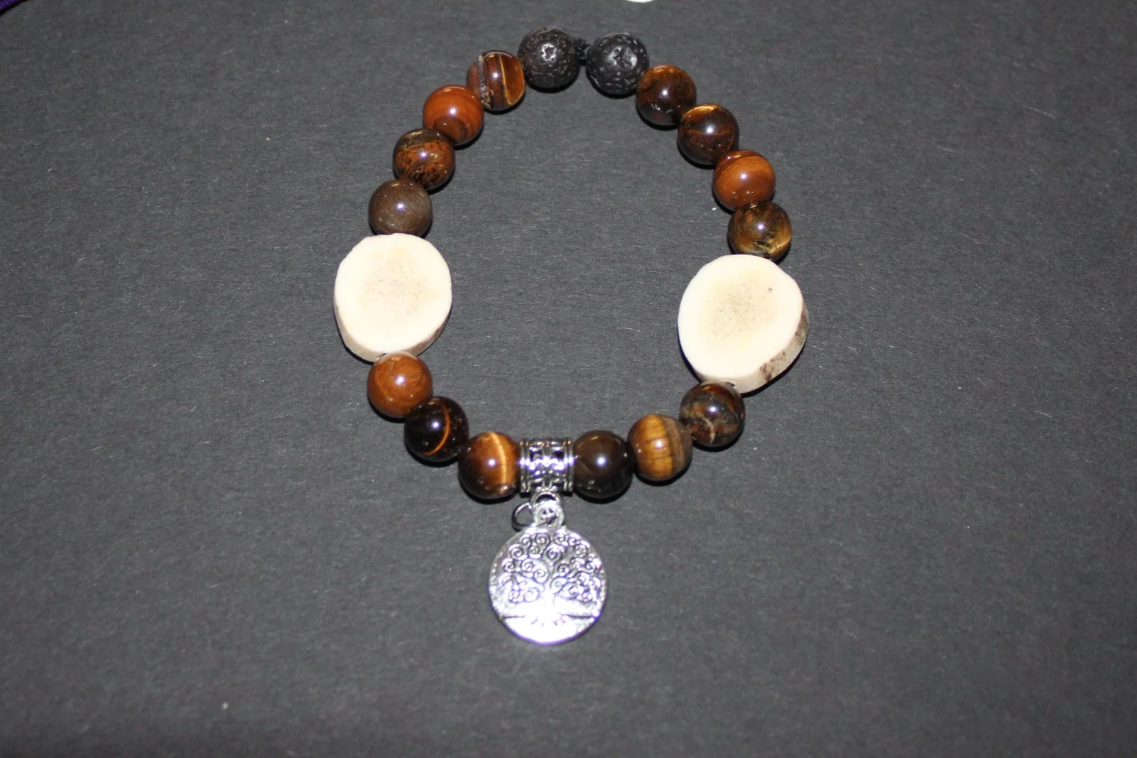Red Deer Antler Tree of Life Bracelet with Tiger's Eye & Black Lava Beads (20cm)