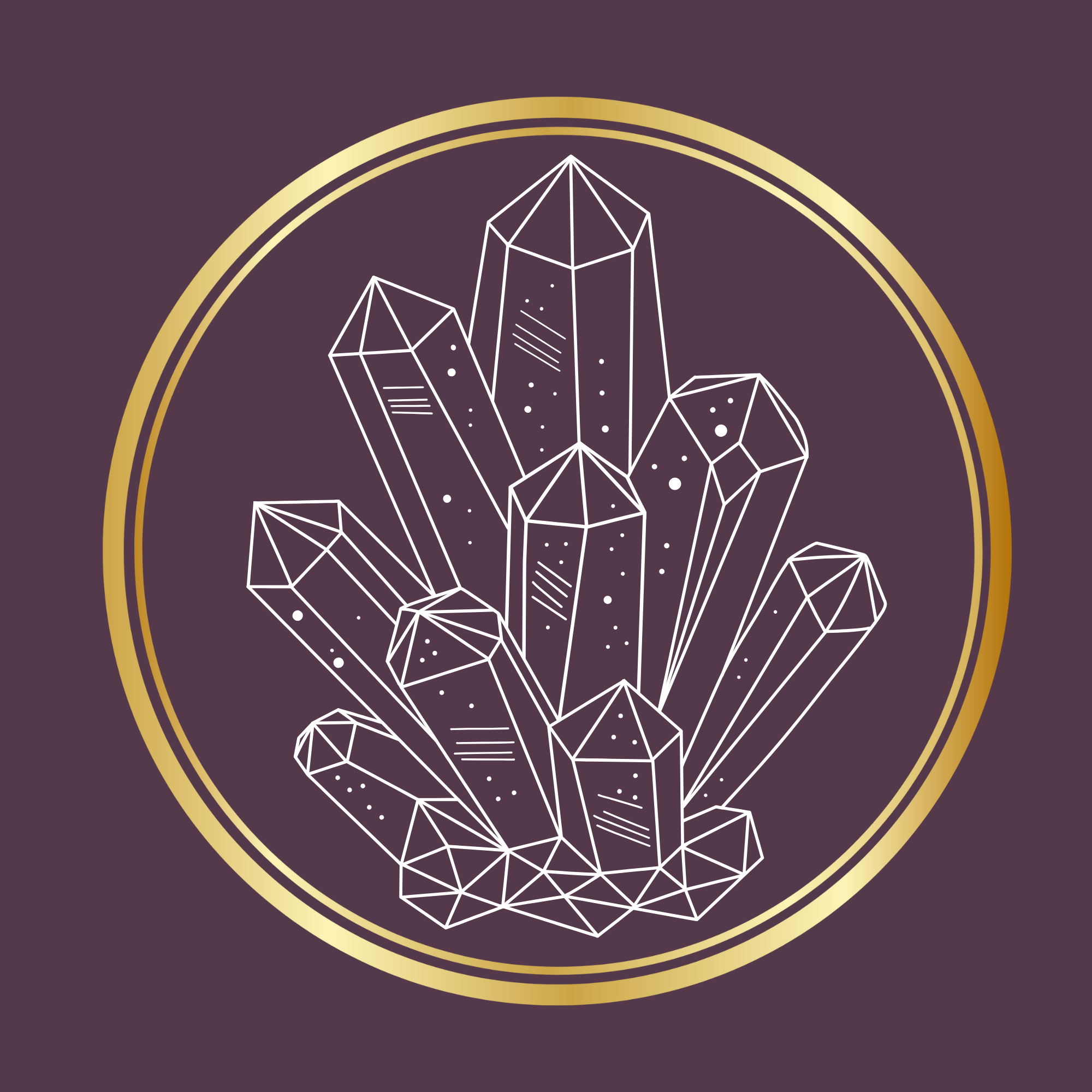 Line drawing of a cluster of crystals with a gold circular border on a purple background.