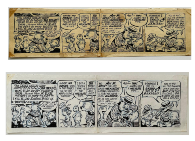 Two comic strips featuring characters discussing necklaces, jewelry, and a humorous exchange about a necklace resembling a diamond and a ruby necklace, with characters wearing hats and talking in a casual outdoor setting.