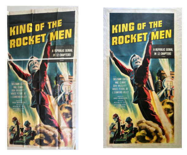 Vintage comic book cover titled 'King of the Rocket Men' featuring a heroic figure in a black and red costume flying upwards with a powerful pose, with scenes of rockets and buildings in the background and text announcing the story as a serial in 12 chapters.