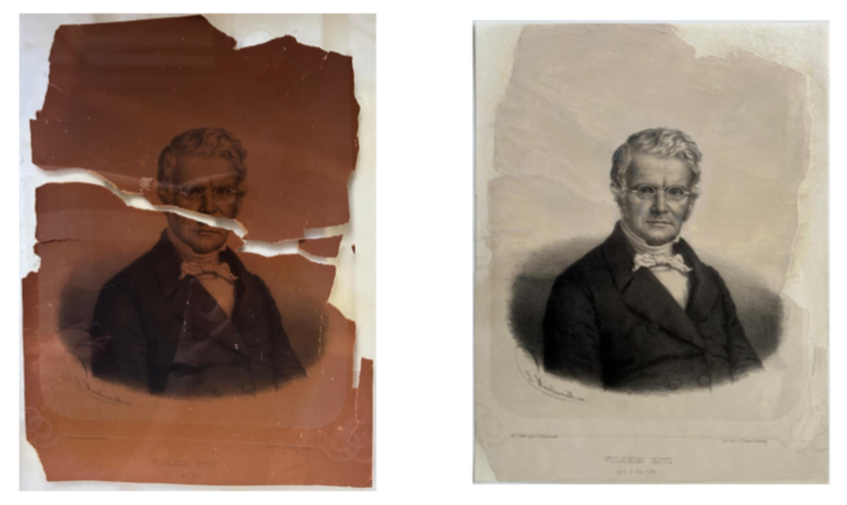 Comparison of two old portrait photographs of the same person; the left photo is damaged with tears and discoloration, the right photo is intact and clearer.