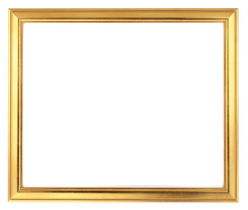 A gold picture frame with a wide beveled edge, empty with a white background inside.