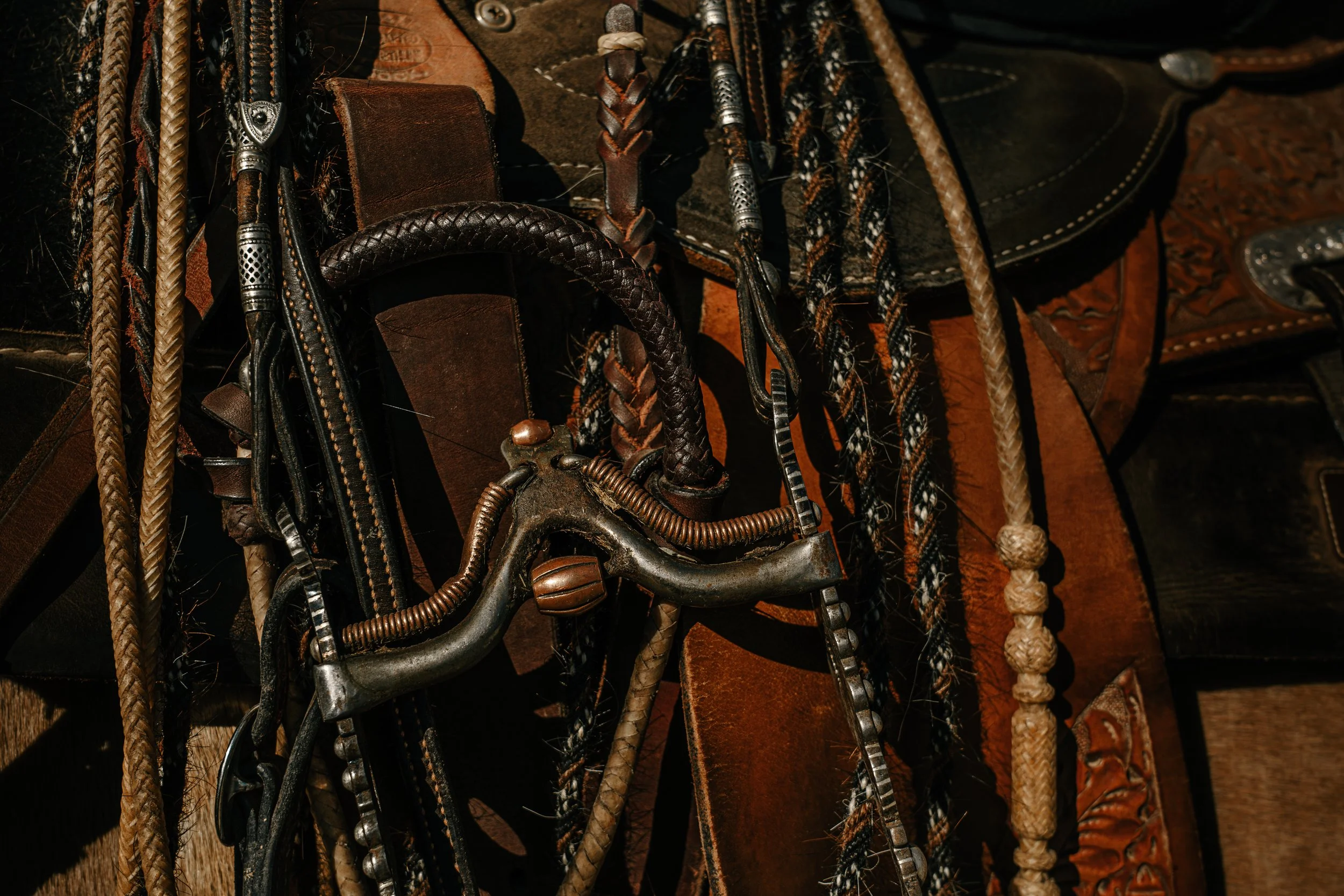 A collection of leather and braided horse tack, including bridles, reins, and other equipment. TA Ranch, guest ranch, dude ranch, working cattle ranch, horse ranch, horseback riding, Buffalo Wyoming North-eastern Wyoming, homestead, agriculture