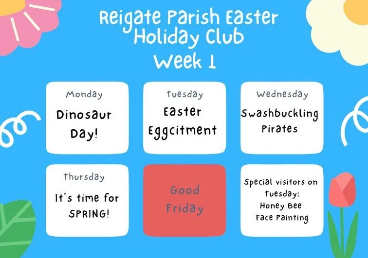🐣🌼 Easter Holiday Clubs are here! 🌼🐣

We&rsquo;re so excited to share what&rsquo;s happening this Easter at our Reigate Parish location &ndash; take a look at the timetable and start planning your days of fun, friendship, and creativity!

Whether