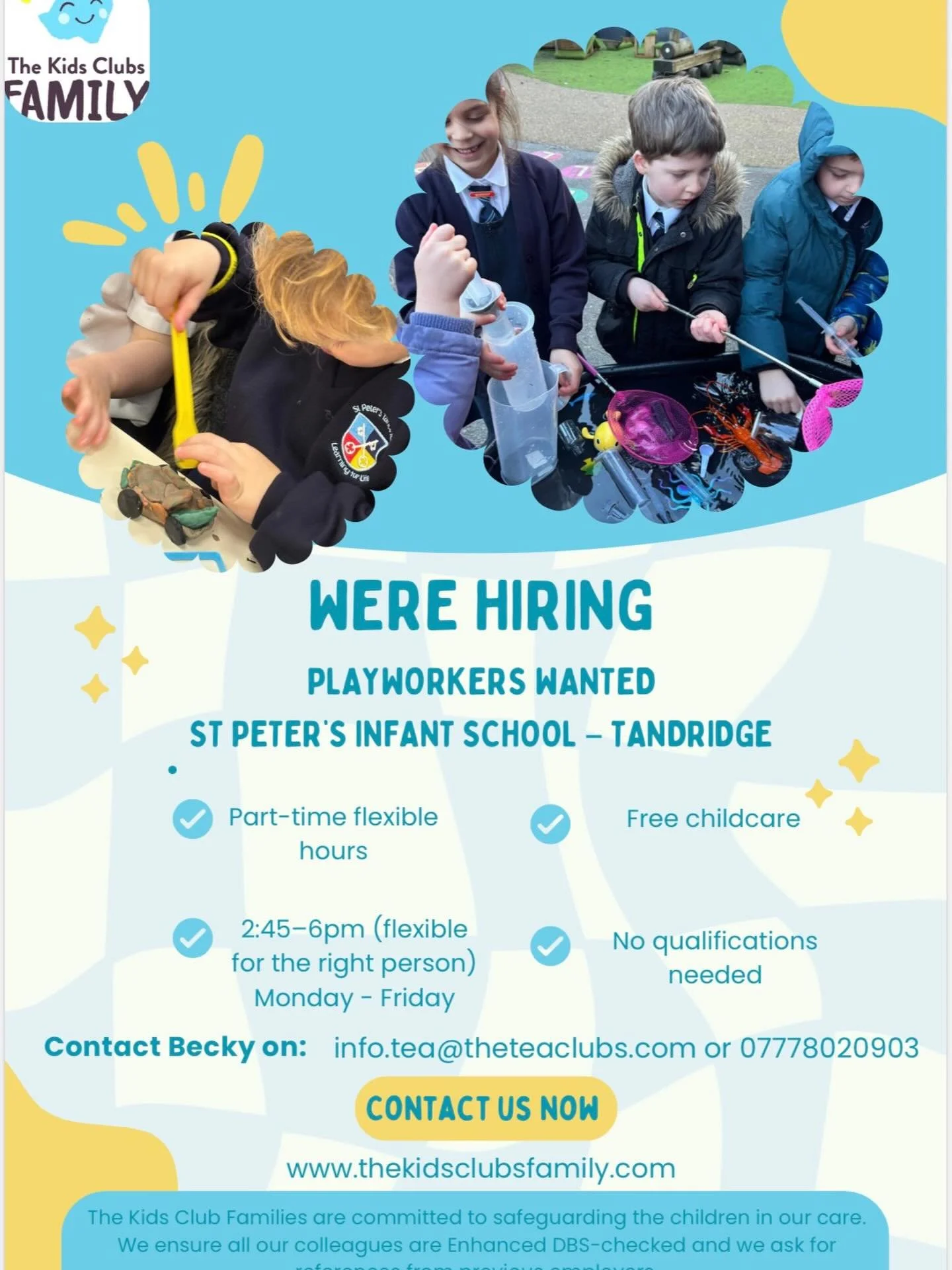 ✨ We&rsquo;re hiring Playworkers! ✨

Do you love working with children and creating fun, engaging afternoons? We&rsquo;re looking for enthusiastic, caring people to join our wraparound care team at St Peter&rsquo;s Infant School, Tandridge.

This rol