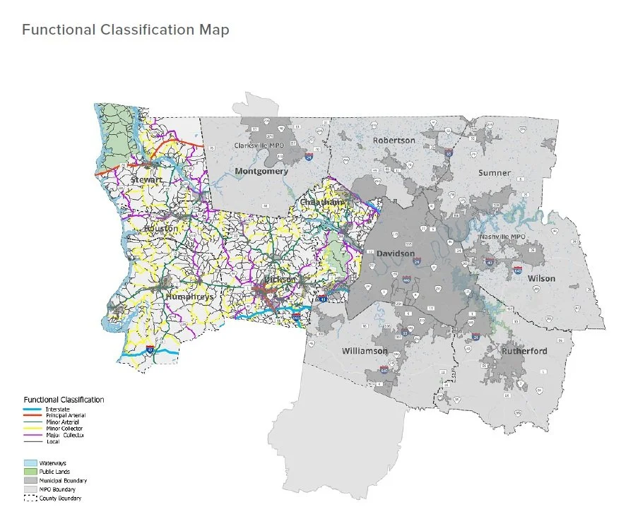 Map showing the functional classification of roadways in Tennessee counties, including Montgomery, Robertson, Davidson, Sumner, Williamson, Humphreys, and others. Features include interstates, principal arterials, minor arterials, major collectors, minor collectors, locals, waterways, public lands, and municipal boundaries.