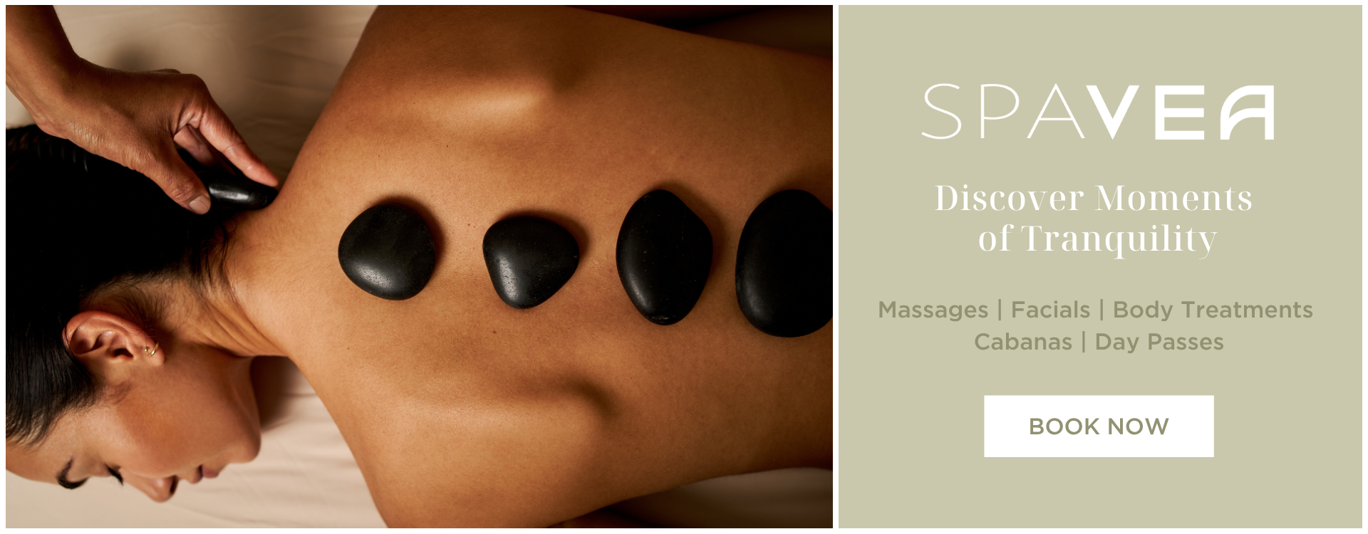 Spa advertisement showing a hot stone massage on a woman’s back, with text promoting massages, facials, body treatments, cabanas, and day passes.