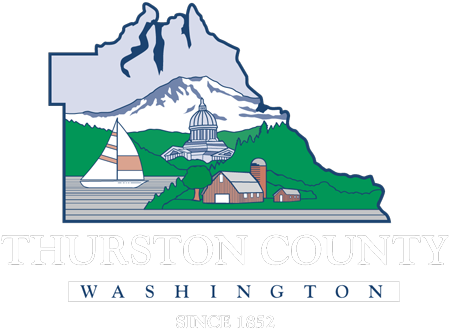 Illustration of Thurston County, Washington, featuring mountains, a dome building, green trees, a sailboat, and houses, with the county name and since 1852.