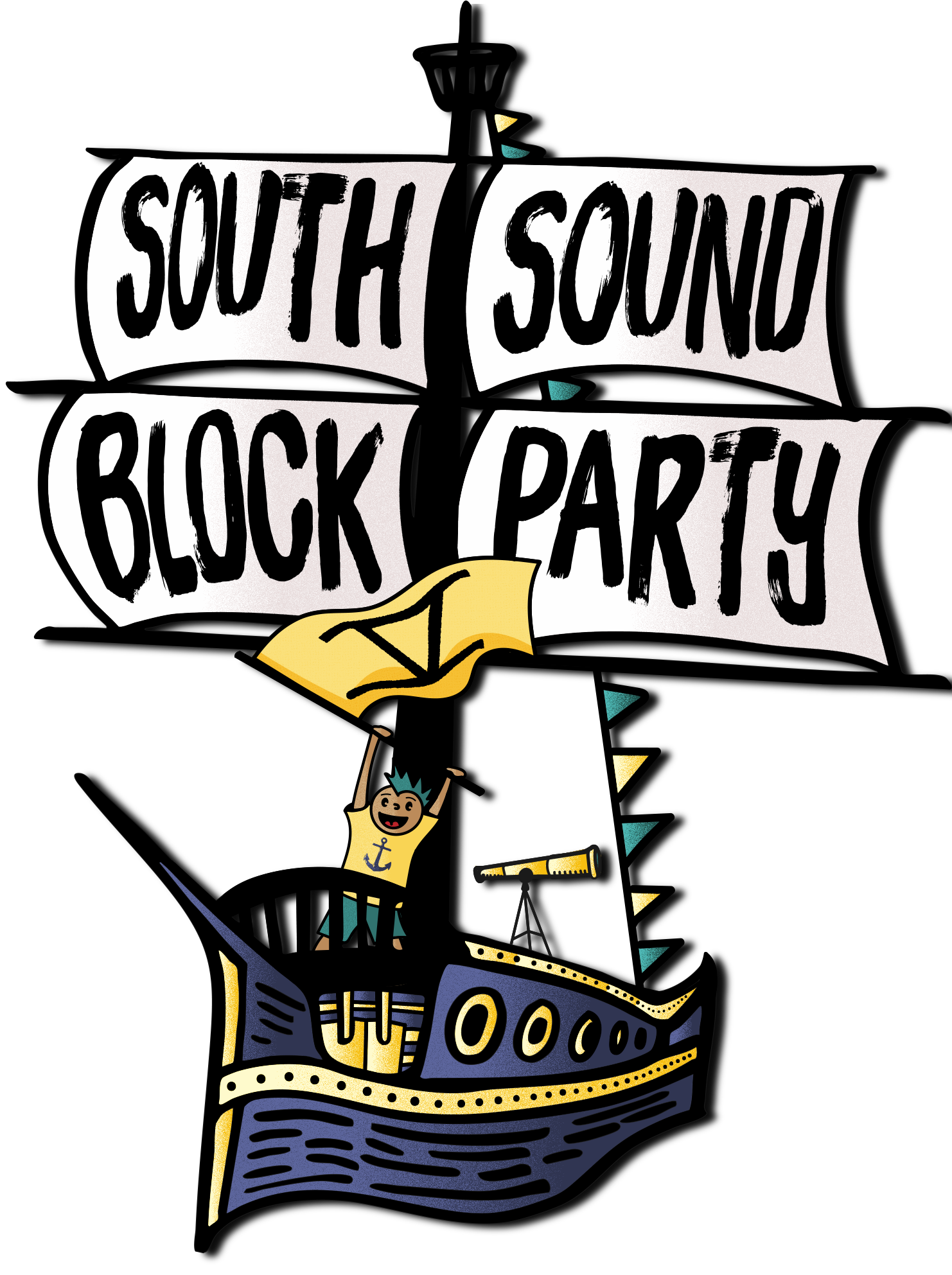 A colorful cartoon illustration of a child wearing a crown and a yellow shirt with an anchor on it, standing on a boat, holding a yellow flag, and smiling. Above the child, there are pink and white flag banners with the text "South Sound Block Party" and a telescope on the boat.