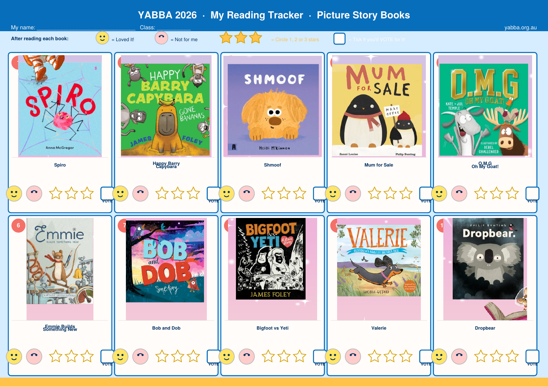 YABBA 2026 Reader Tracker — Picture Story Books (Foundation–Year 2)