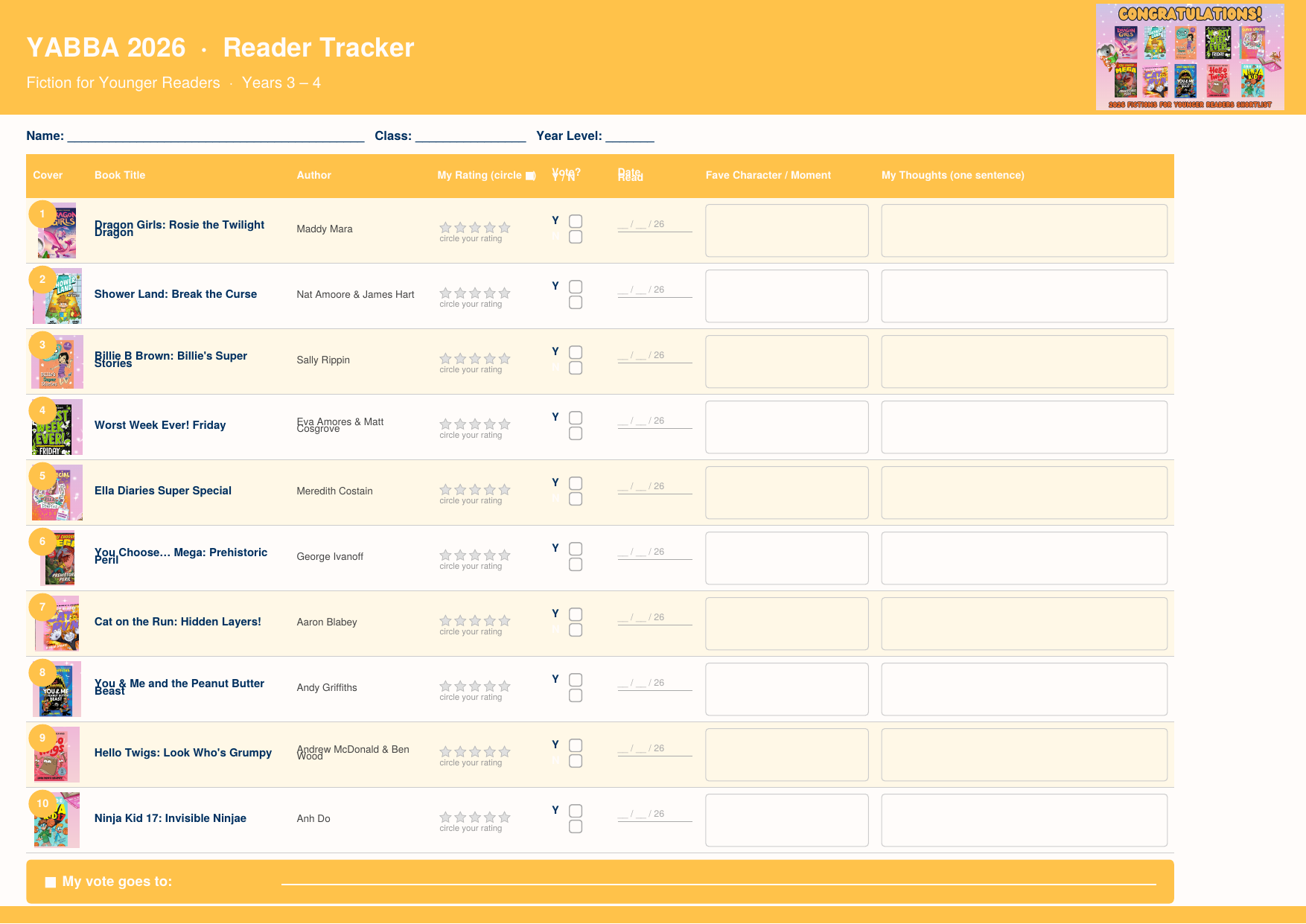 YABBA 2026 Reader Tracker — Fiction for Younger Readers (Years 3–4)