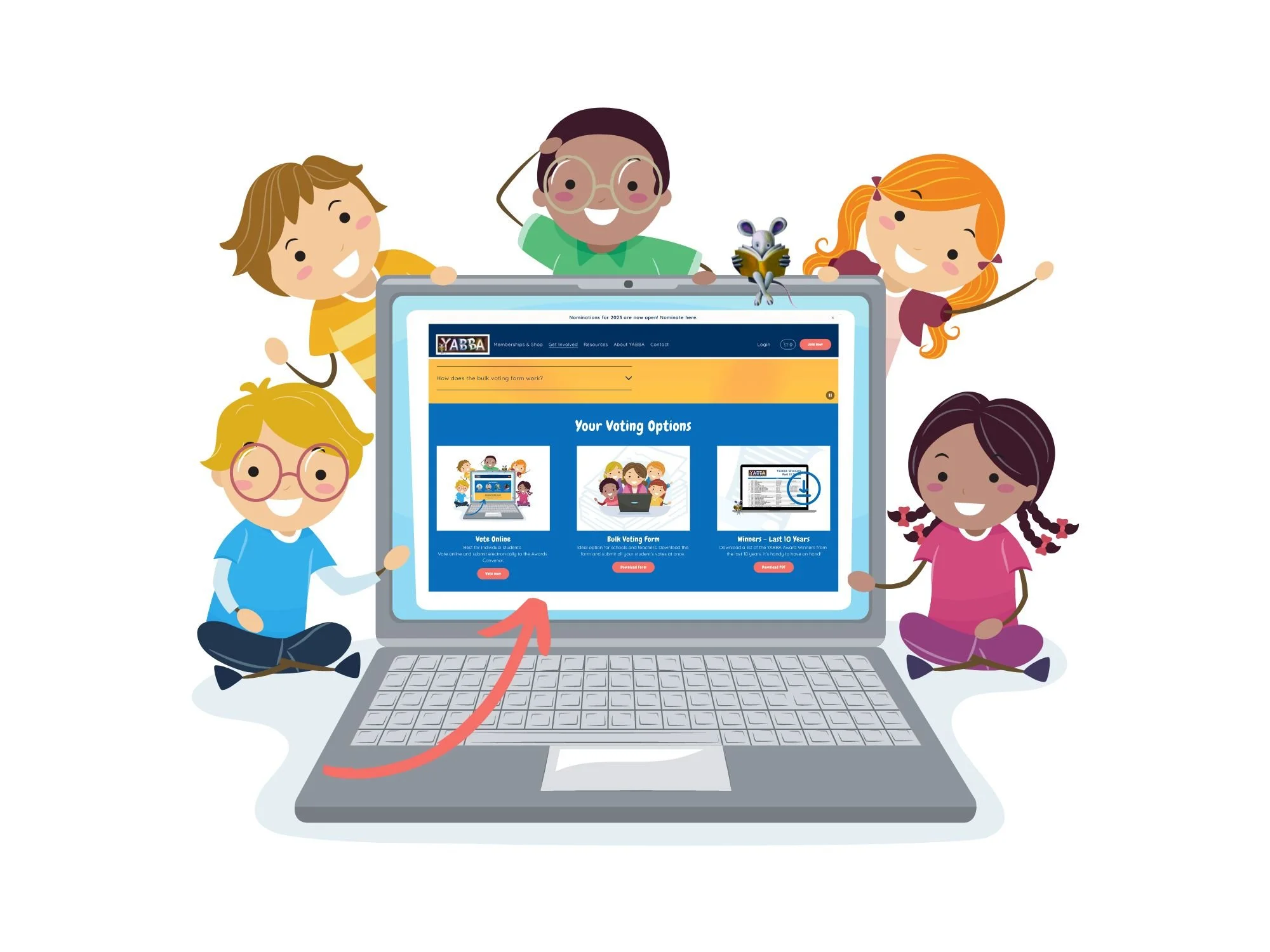 An illustration of children hovering around a laptop showing the YABBA website and encouraging people to vote for their favourite Australian books online.