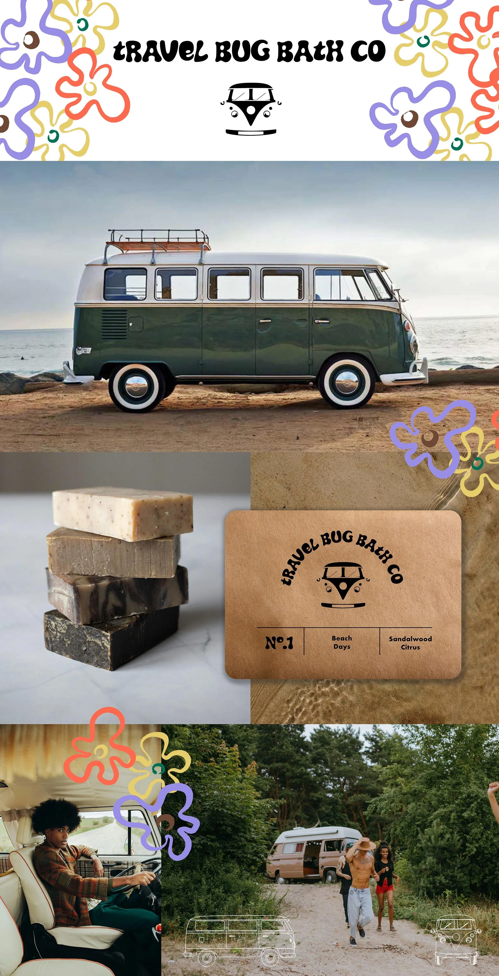 Collage of travel and beach-themed items including a vintage Volkswagen bus by the ocean, a stack of soap bars, a travel company card, a person driving a van, and two women walking near a vintage van in a lush green area.