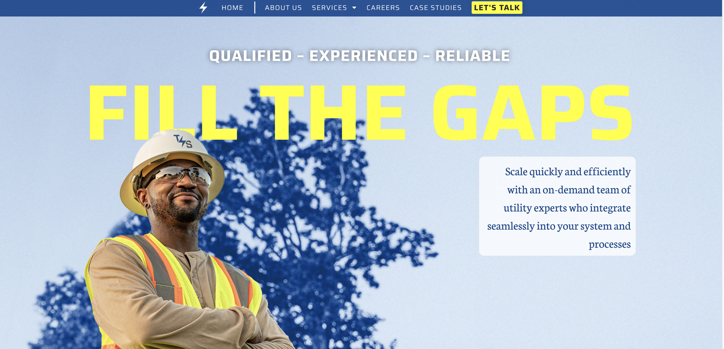 A man in safety gear including a hard hat, safety glasses, and a reflective vest, standing confidently with arms crossed in front of a large tree and a blue sky background on a website homepage.