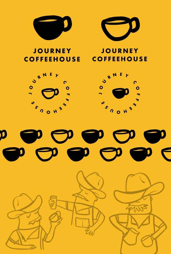 Logo for Journey Coffeehouse with black coffee mug icons, circular text design, and cartoon characters wearing cowboy hats holding coffee mugs on a yellow background.