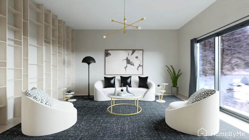 Modern living room with white seating, black pillows, and a large window showing snow outside.