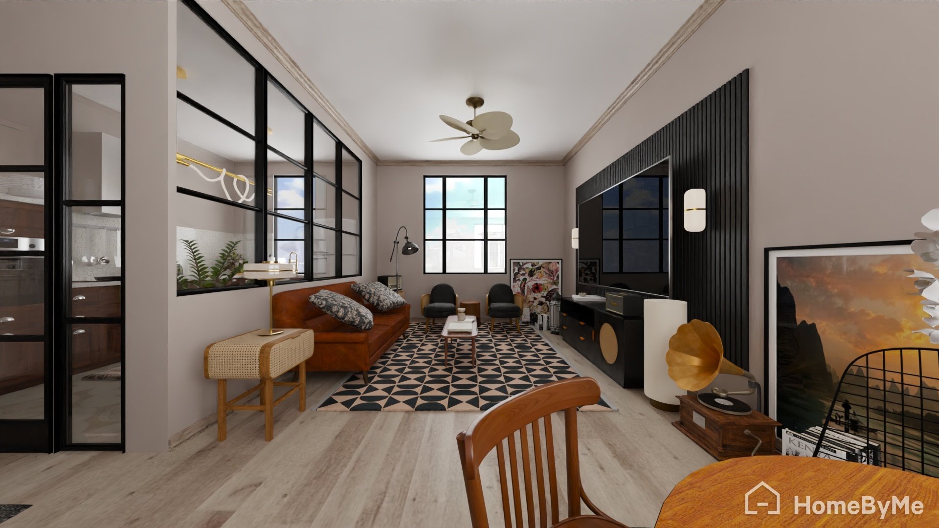 Living room with a leather sofa, patterned rug, black chairs, TV unit, wall-mounted screen, decorative artwork, and natural light from multiple windows.