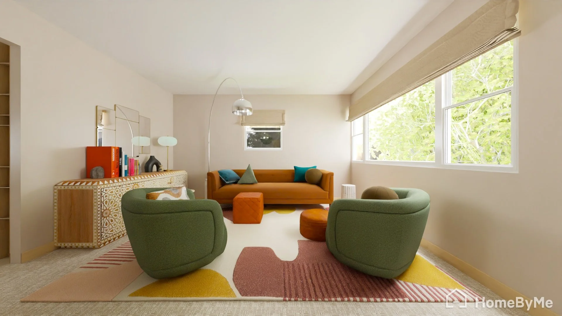 Living room with large window, green chairs, patterned rug, mid-century sofa, and eclectic decor.