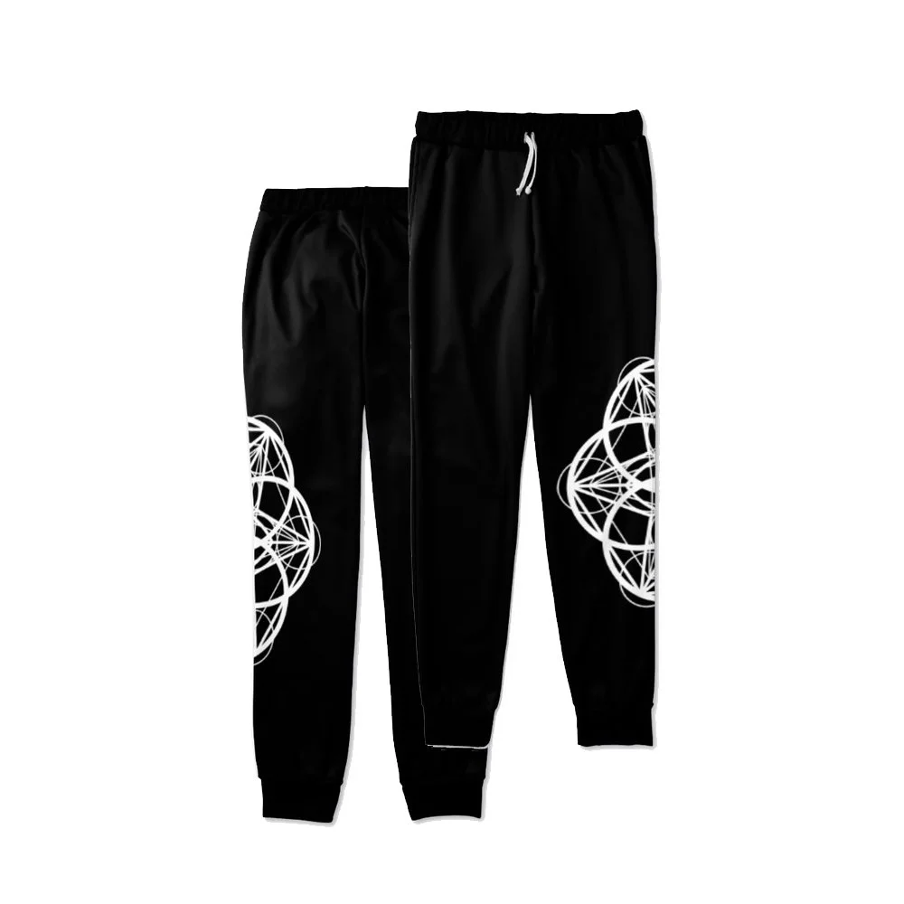 Black athletic joggers with white geometric designs on the legs and white drawstrings.