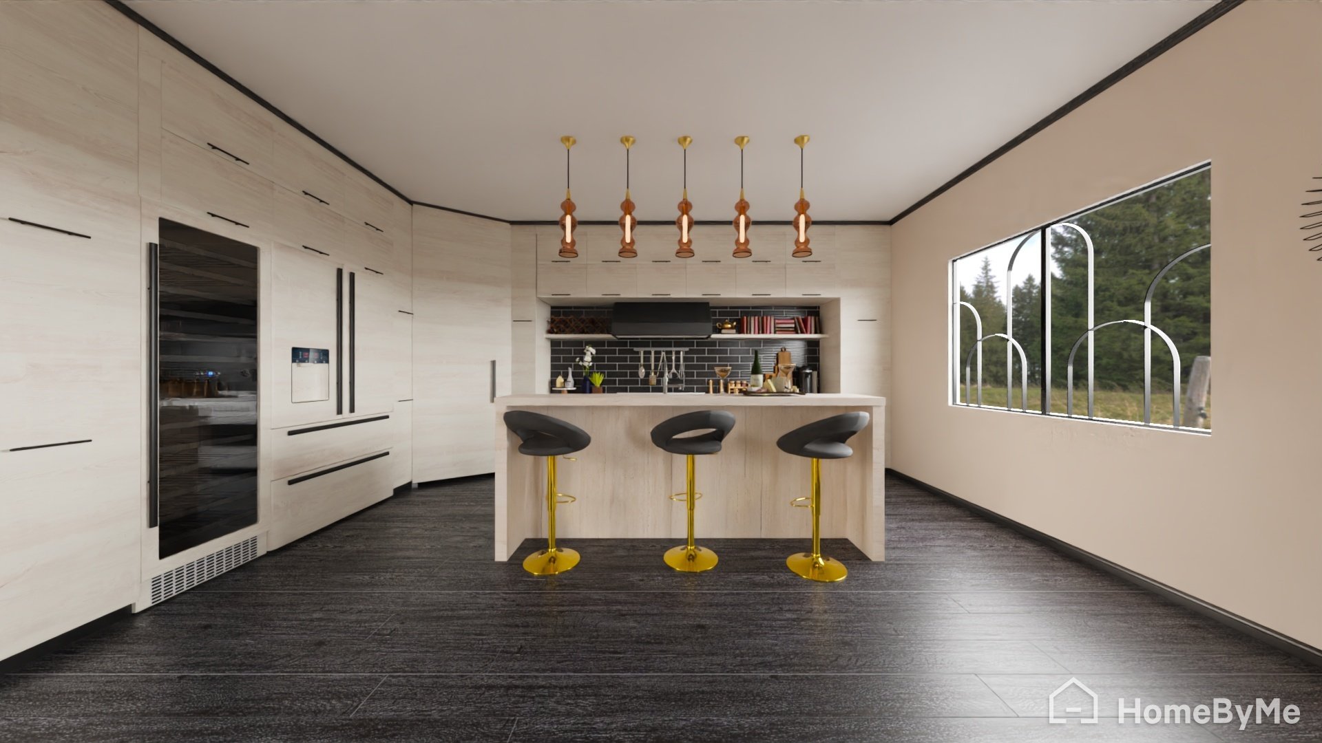 Contemporary kitchen, wood, beige, and black accents, a large window, and minimalist decor.