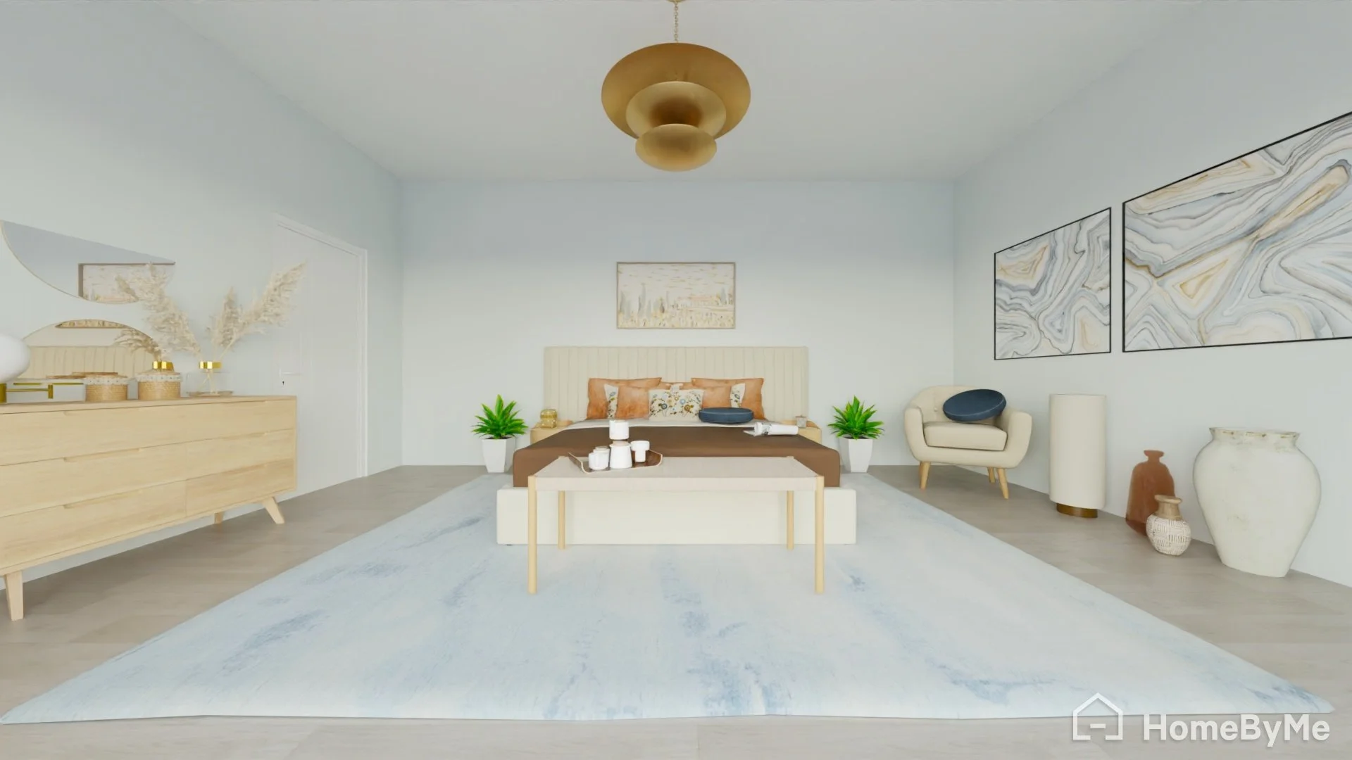 Bright, modern bedroom with light-colored walls and floor. Central bed with beige headboard, brown and white bedding, and decorative pillows. Two green potted plants beside the bed. Decorative artwork above the bed. Light wood sideboard with vases an