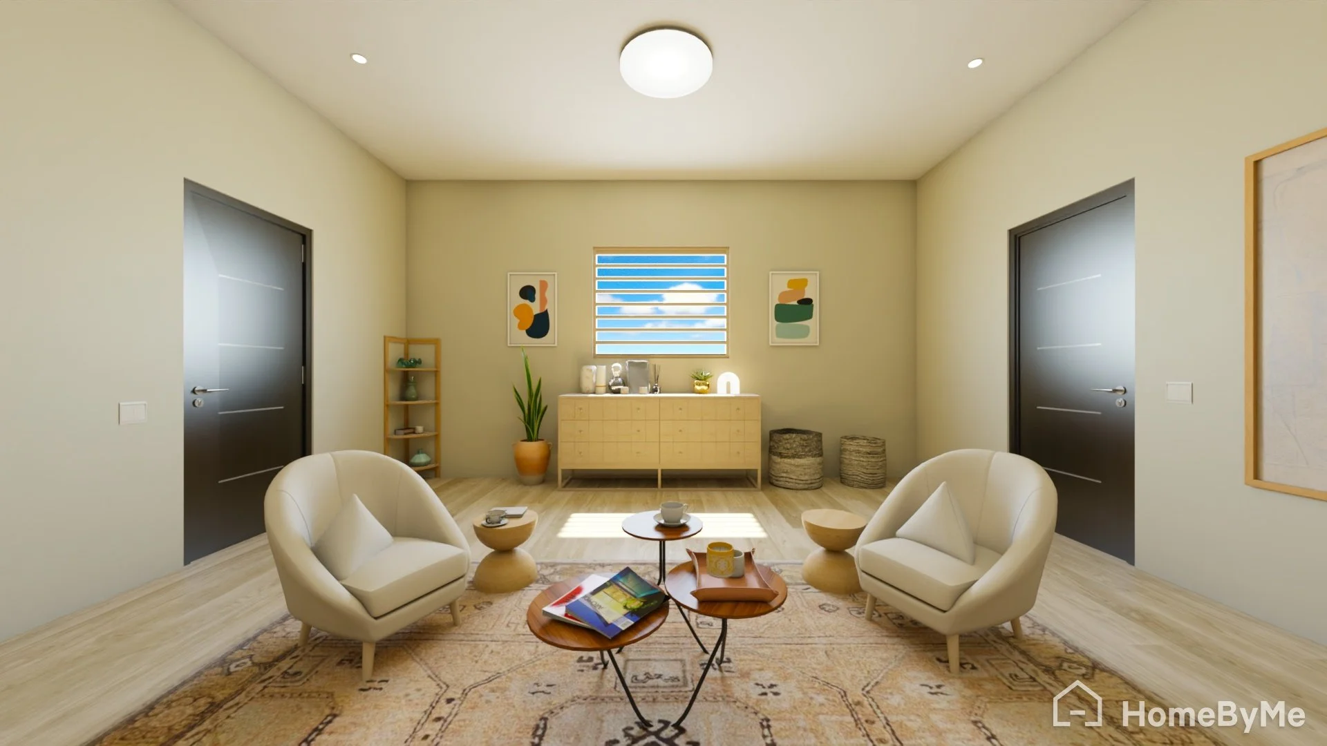 Living room with two white armchairs, small wooden tables, a beige rug, a sideboard, artwork, potted plants, and closed black doors.