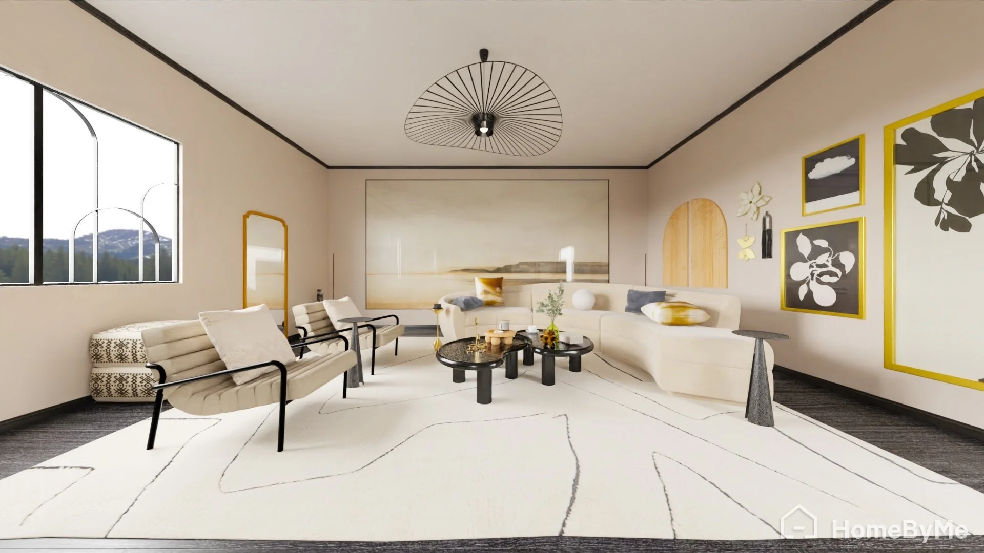 A modern living room with a large white sectional sofa, two beige armchairs with black frames, and black coffee tables. The room features a large window, black trim, and artwork on the walls with yellow frames. There is a large abstract painting on t