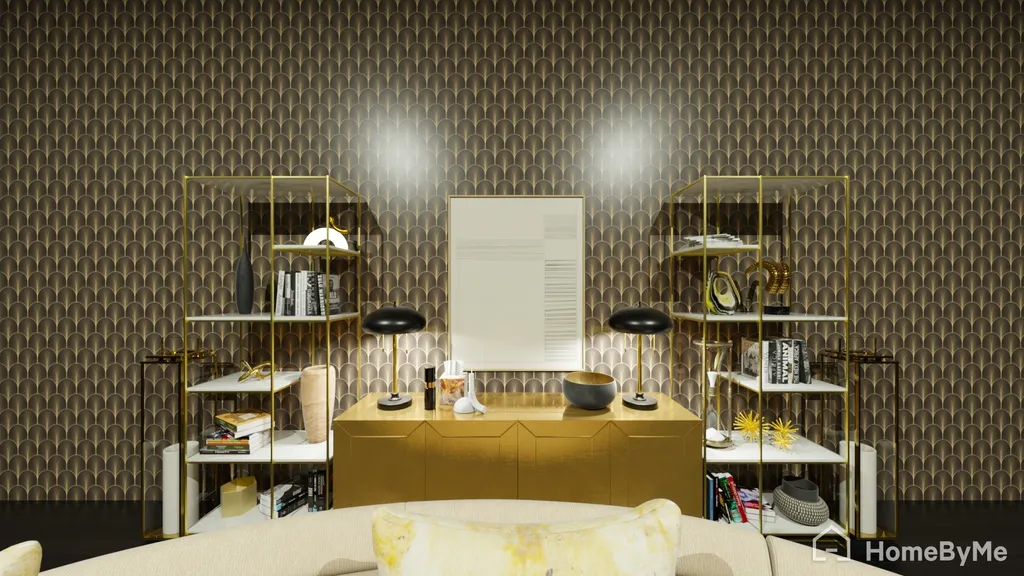 Neo Deco living room with gold and black accents, featuring a large beige sofa, gold shelving units with decorative items, and a gold sideboard with two black lamps, against a patterned wallpapered wall.