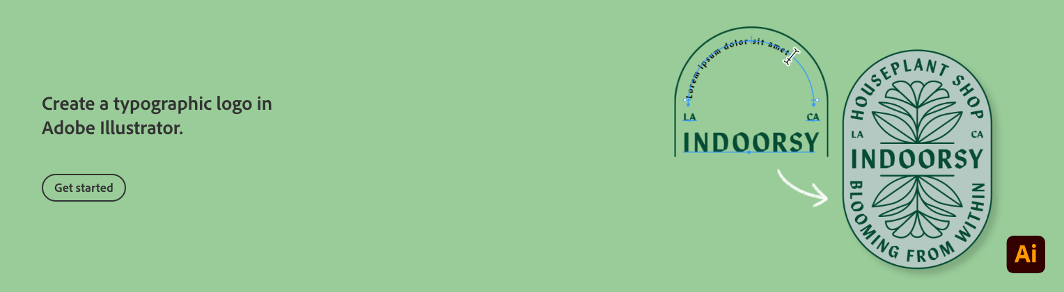 A green webpage with black text and two logo designs for IndoorSy, a houseplant shop. The logos feature plant illustrations and text around them.