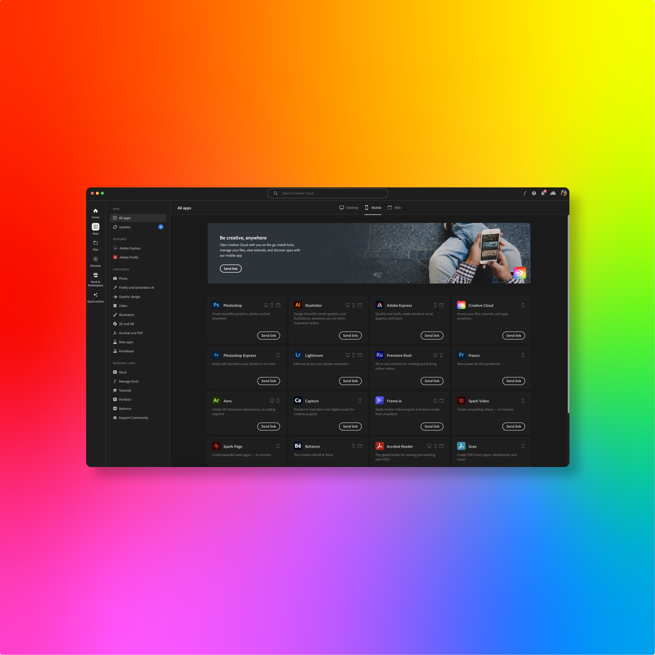 Screenshot of a digital interface with multiple app icons on a dark background, showing popular creative tools like Photoshop, Illustrator, Adobe Express, and more, with a person holding a phone in the background.