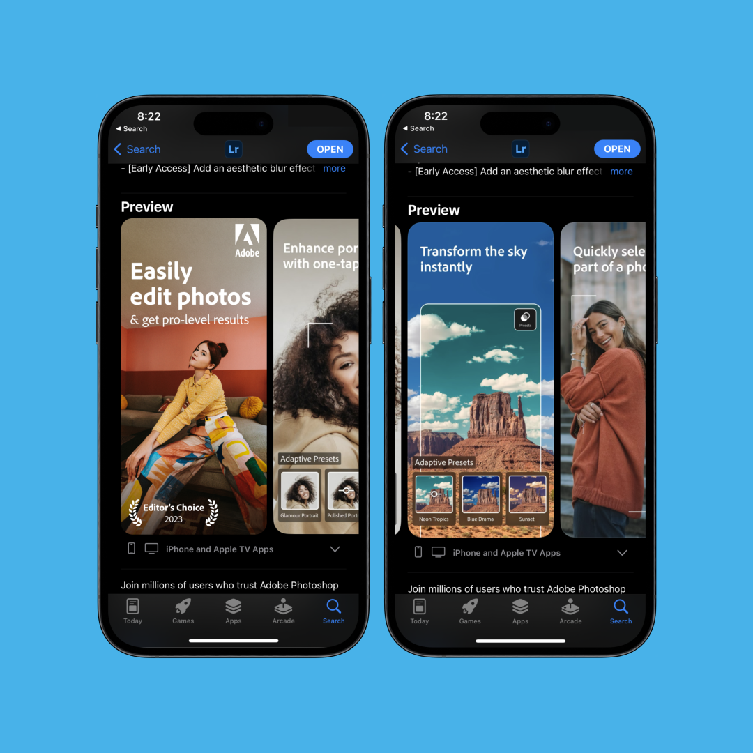 Two iPhone screens displaying Adobe Photoshop app promotional pages with text about photo editing features, on a blue background.